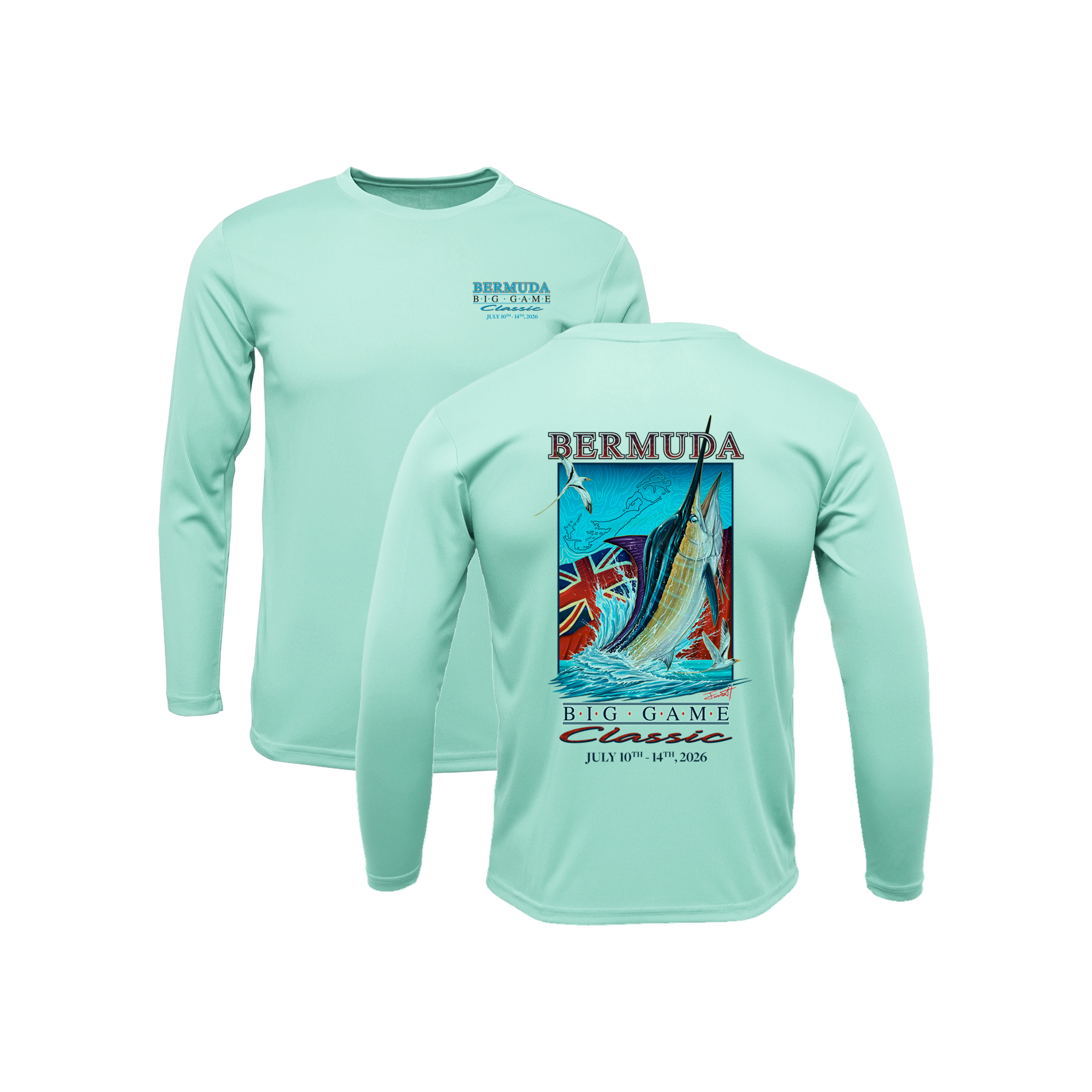 Bermuda Big Game Classic BAW Performance Long Sleeve in Seafoam, front and back artwork
