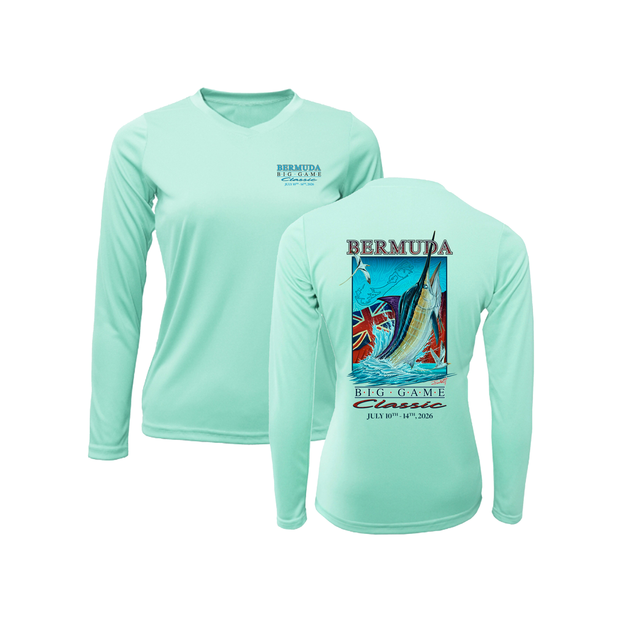Bermuda Big Game Classic Women’s BAW Performance Long Sleeve in Seafoam, front and back artwork