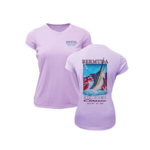 Bermuda Big Game Classic Women’s BAW Performance Tee in Lilac, front and back artwork