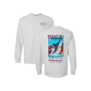 Bermuda Big Game Classic Gildan Ultra Cotton Long Sleeve in Ash, front and back artwork