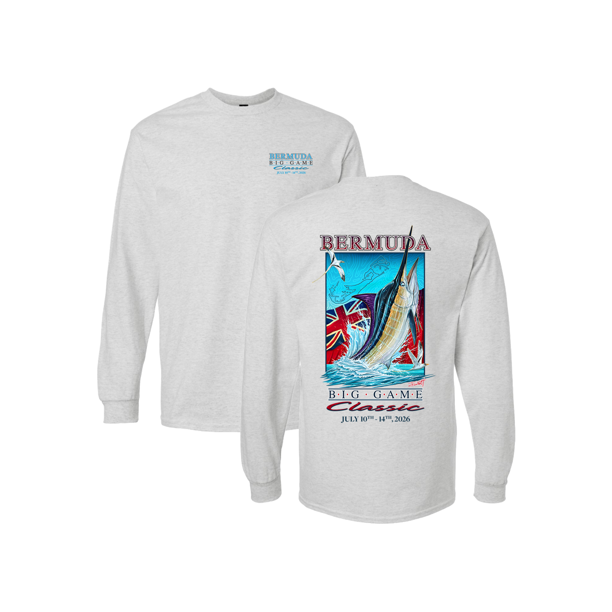 Bermuda Big Game Classic Gildan Ultra Cotton Long Sleeve in Ash, front and back artwork