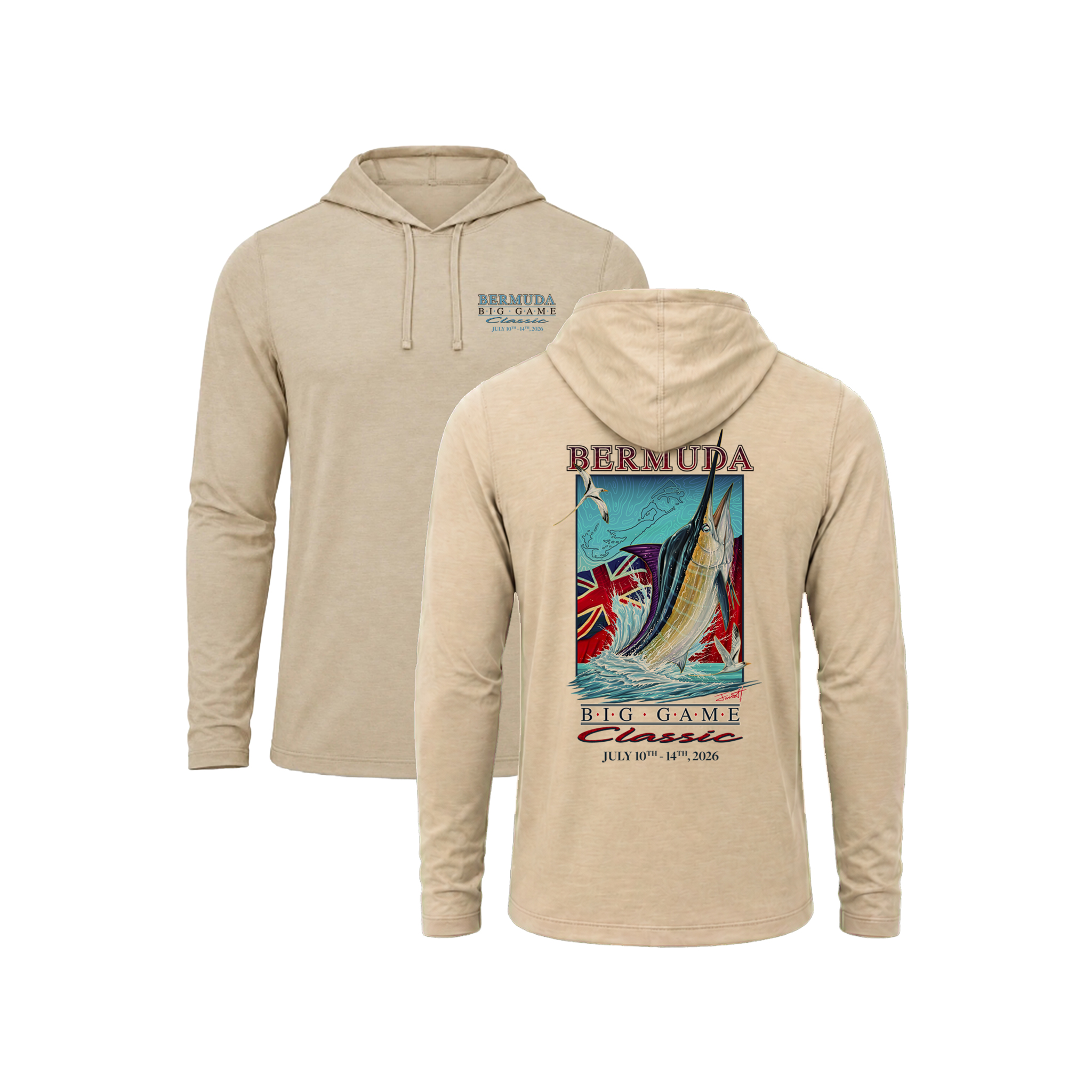 Bermuda Big Game Classic Xotic Air-X Hoodie in Sand Stone, front and back artwork