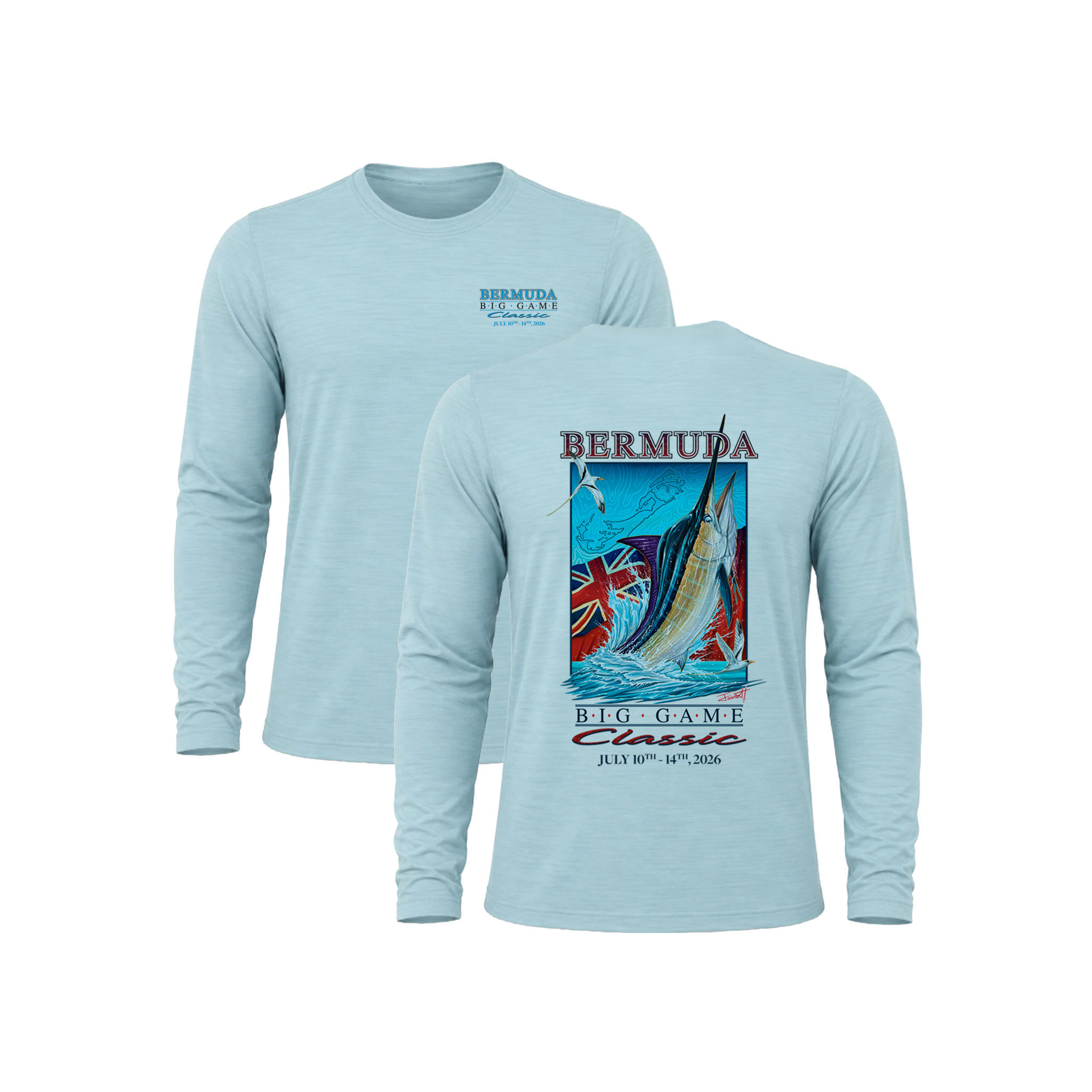 Bermuda Big Game Classic Xotic Air-X Long Sleeve in Ice Blue, front and back artwork