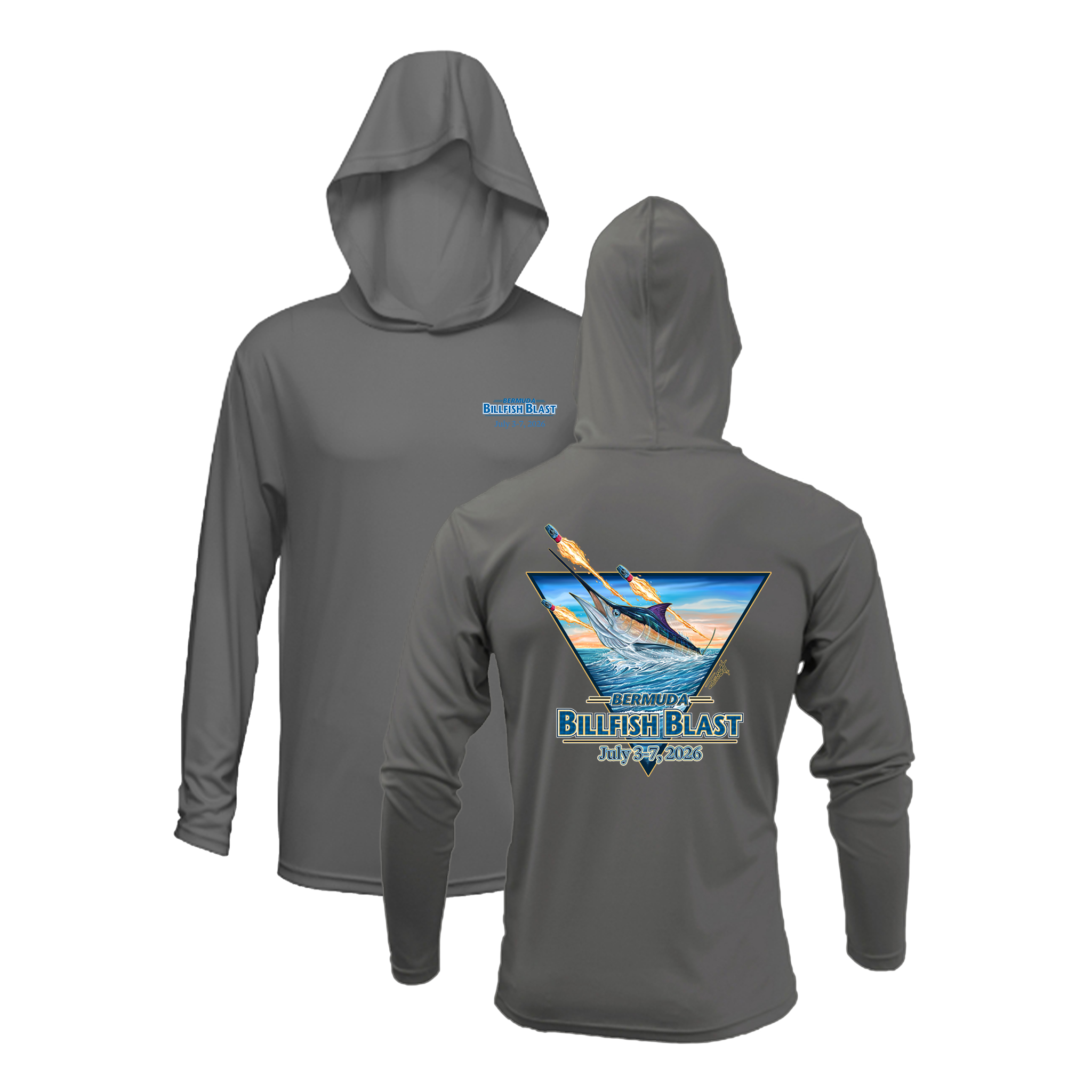 Bermuda Billfish Blast A4 Performance Hoodie in Graphite, front and back artwork