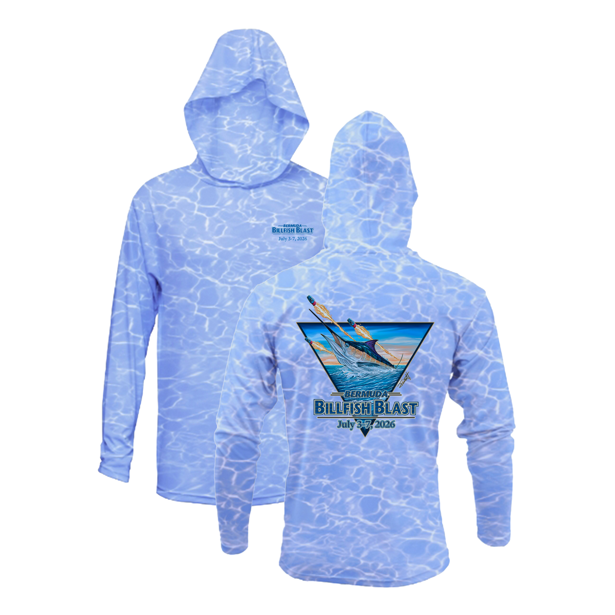 Bermuda Billfish Blast BAW Camo Hoodie in Blue Camo, front and back artwork