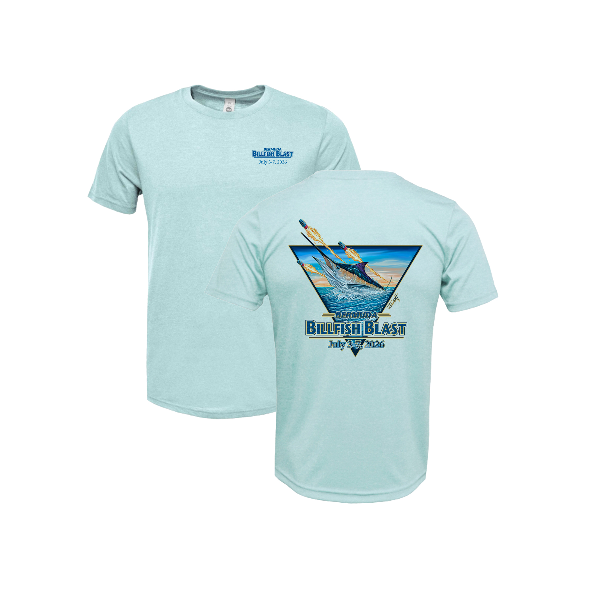 Bermuda Billfish Blast BAW PC176 Tee in Ice Blue, front and back artwork