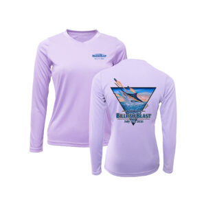 Bermuda Billfish Blast Women’s BAW Performance Long Sleeve in Lilac, front and back artwork