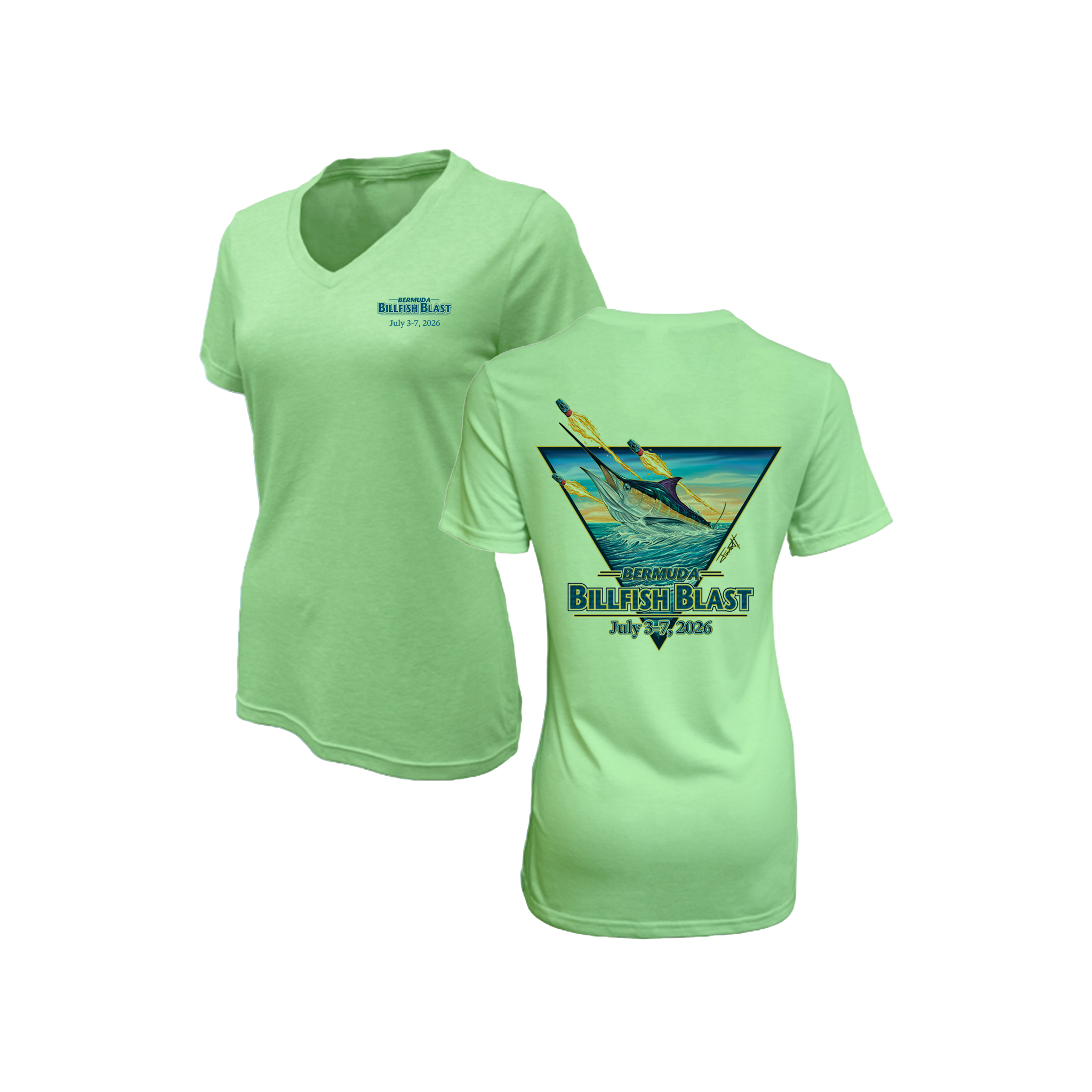 Bermuda Billfish Blast Women’s BAW WPC179 Tee in Cucumber, front and back artwork
