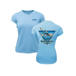 Bermuda Billfish Blast Women’s BAW Performance Tee in Sky Blue, front and back artwork