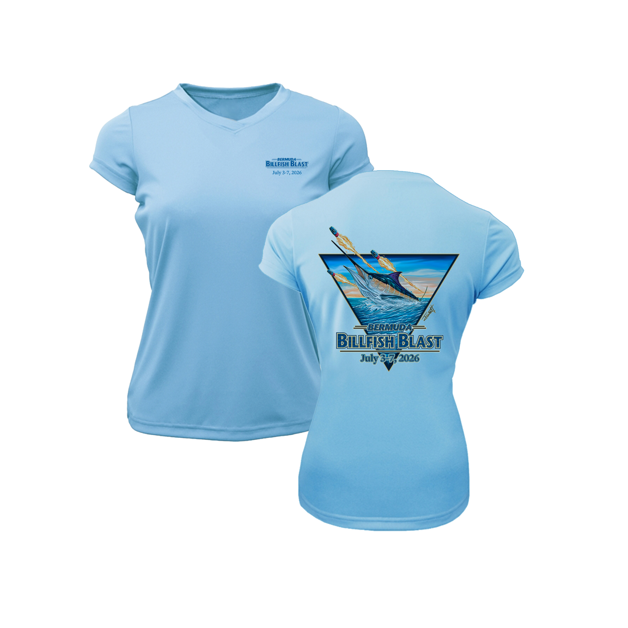 Bermuda Billfish Blast Women’s BAW Performance Tee in Sky Blue, front and back artwork