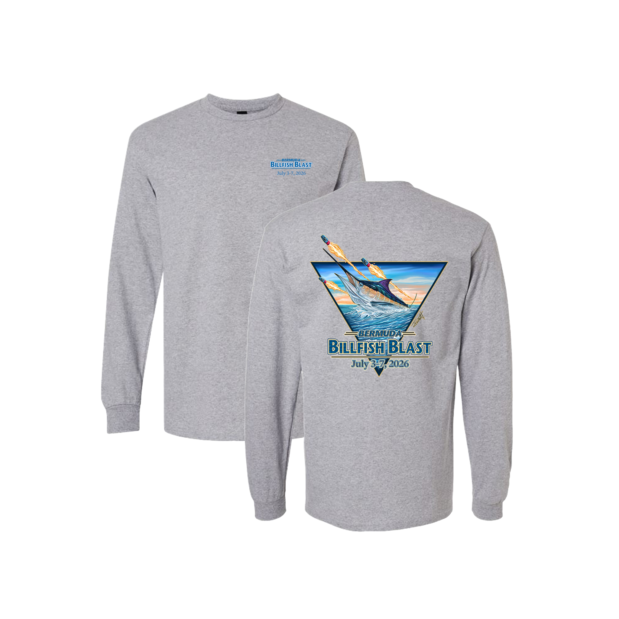 Bermuda Billfish Blast Gildan Ultra Soft Cotton Long Sleeve in Sport Grey, front and back artwork