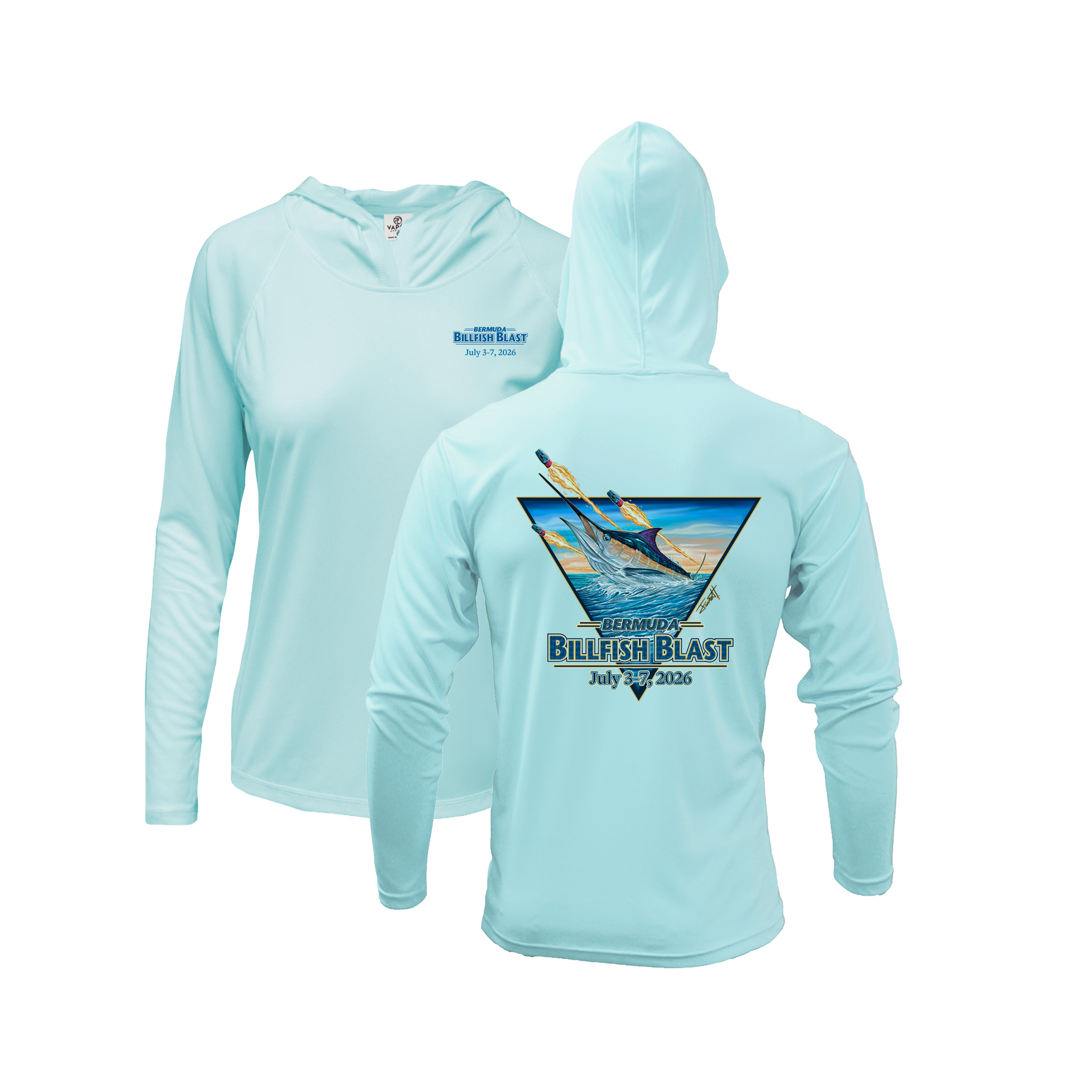Bermuda Billfish Blast Women’s Vapor Hoodie in Ice Blue, front and back artwork