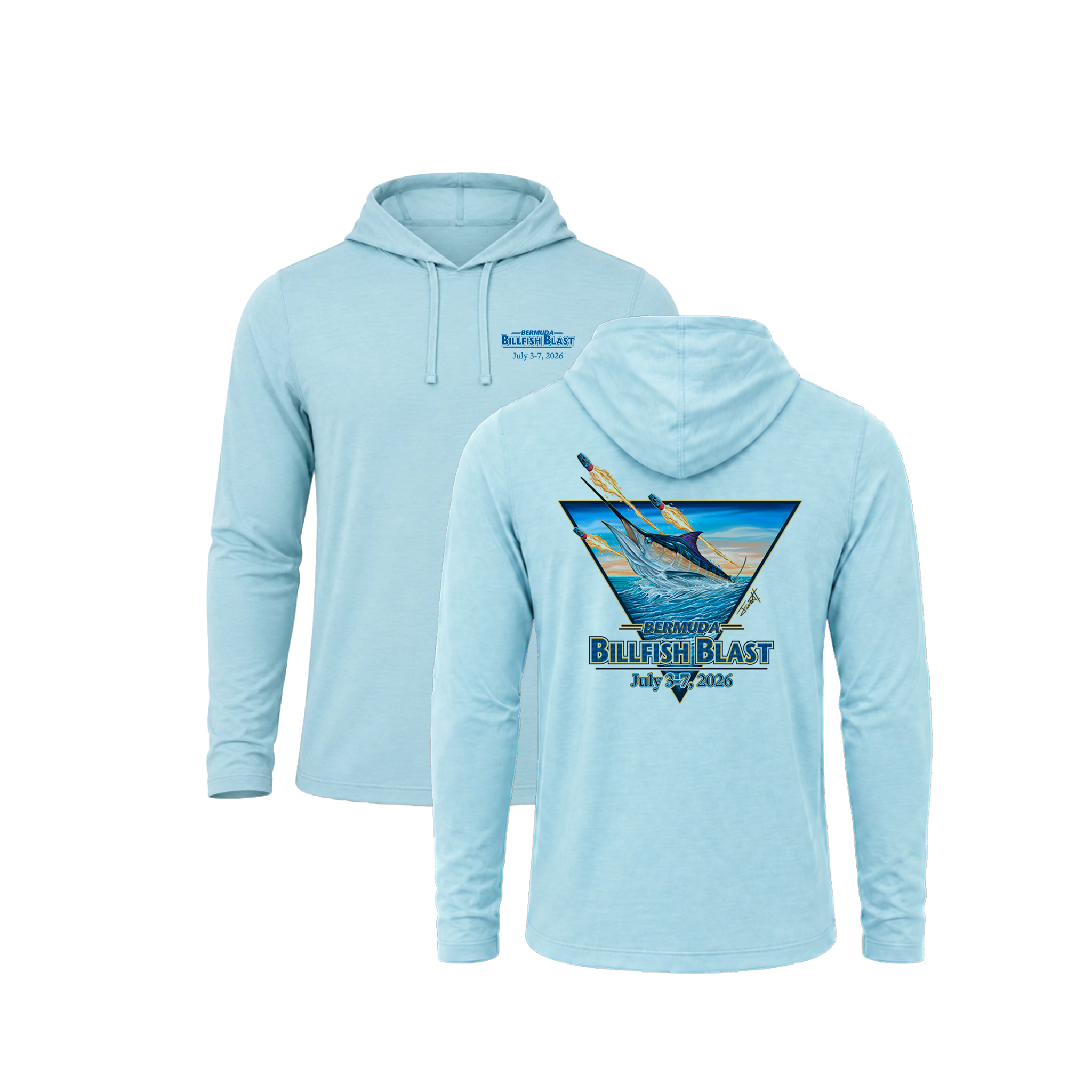Bermuda Billfish Blast Xotic Air-X Hoodie in Ice Blue, front and back artwork