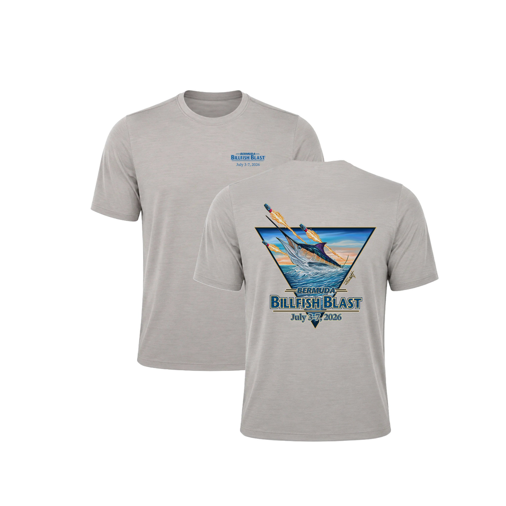 Bermuda Billfish Blast Xotic Air-X Tee in Ash, front and back artwork