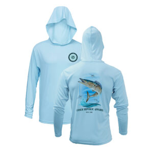 Front and back proof of an ice-blue hooded shirt with Jumping Wahoo artwork