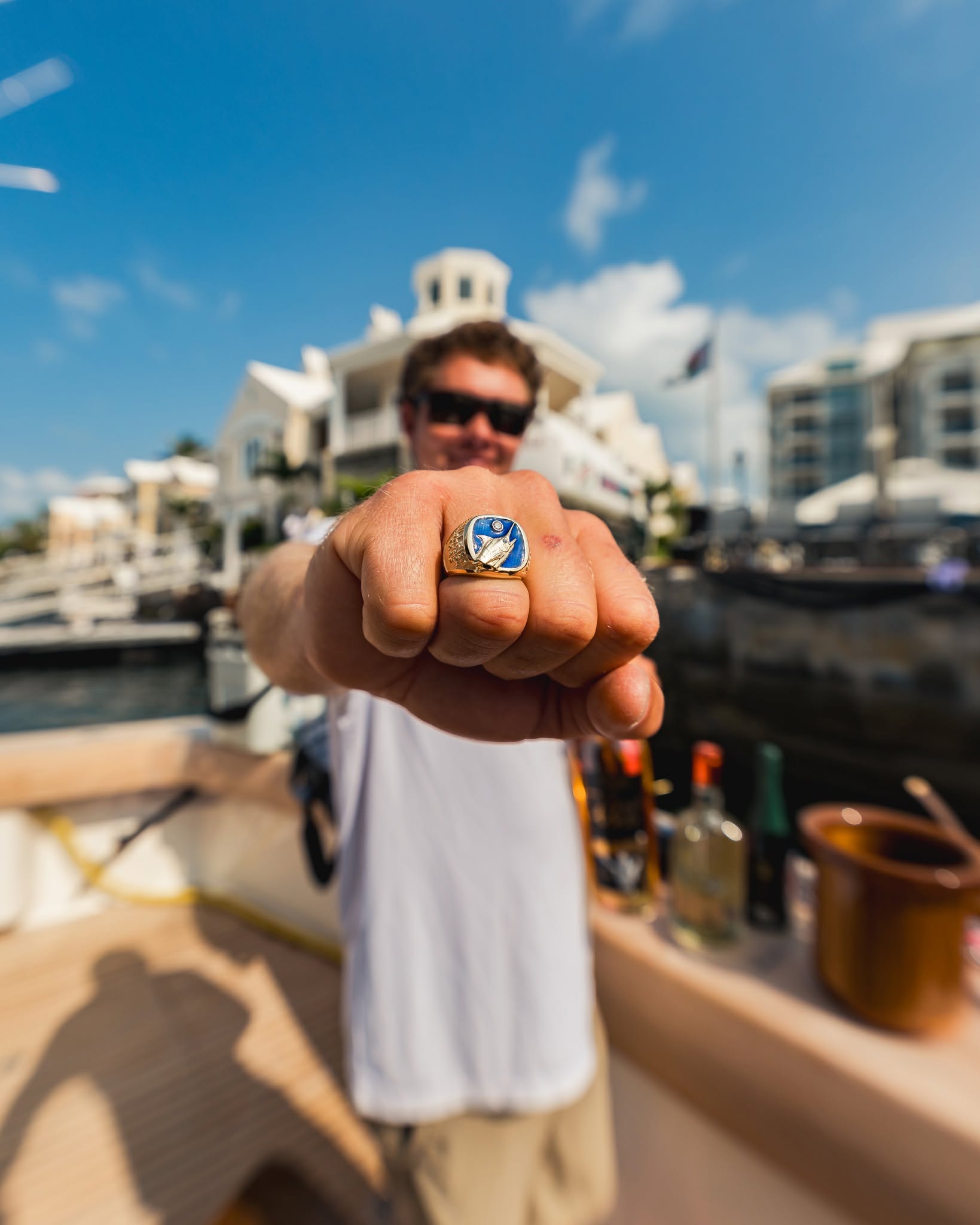 Man displaying a Bermuda Triple Crown ring