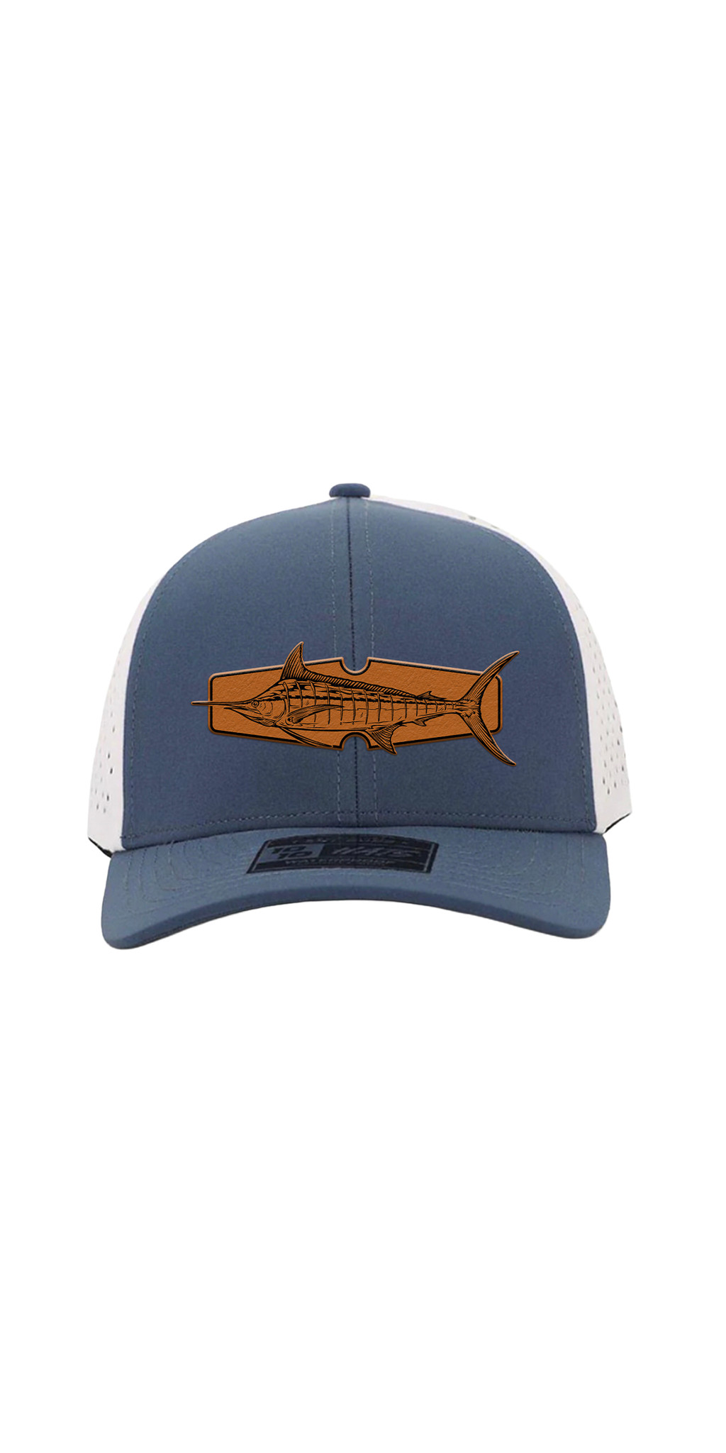 Marlin Leather Patch Hats — 7. FS Collection- Blue Marlin 6 Panel- Deep Blue White- Front