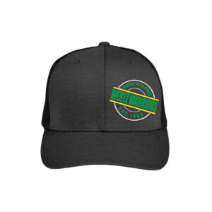 Wertz Warriors Black Trucker Cap — Black Hat- Front- Tilted Circle Design Left Panel