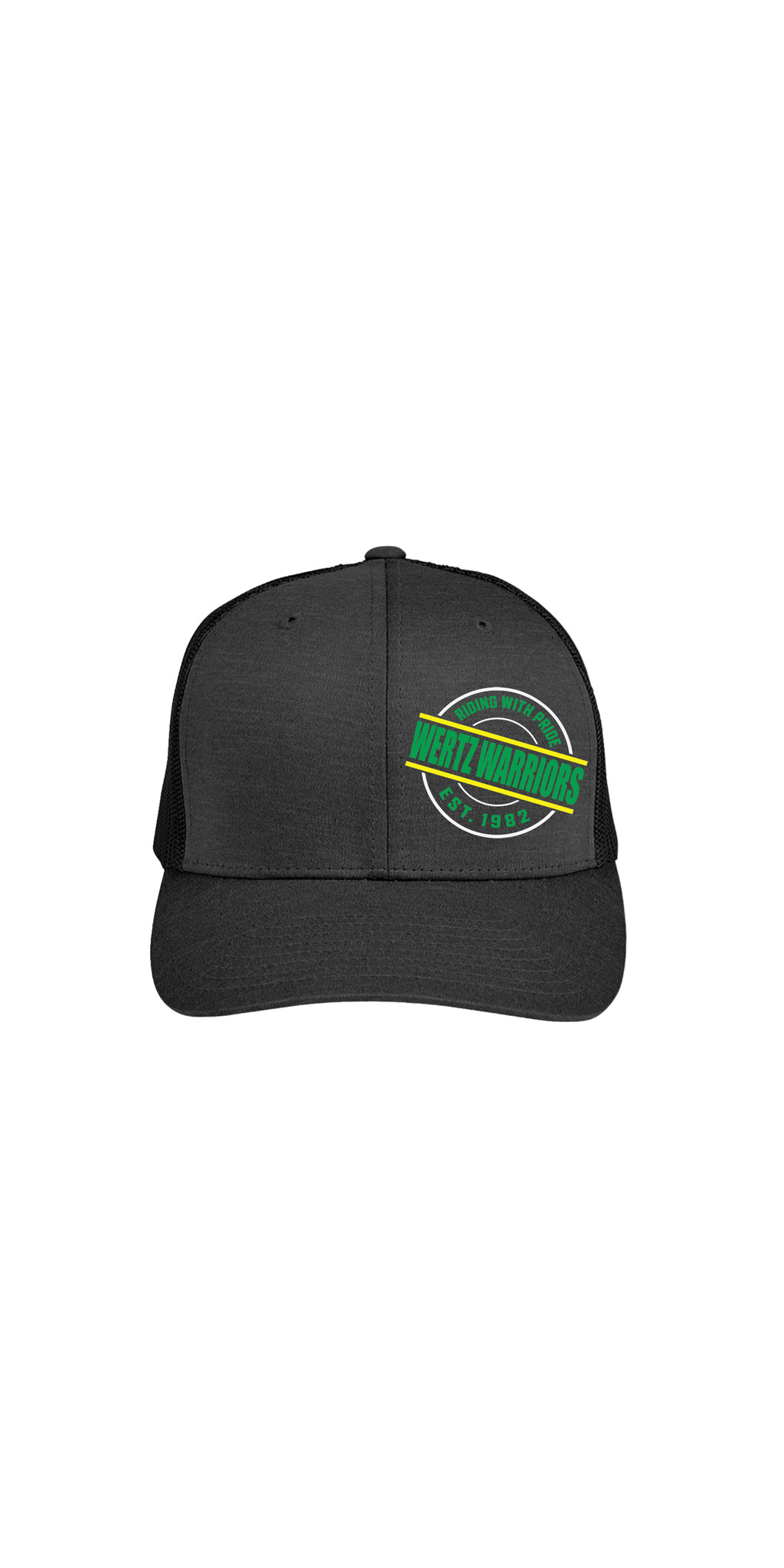Wertz Warriors Black Trucker Cap — Black Hat- Front- Tilted Circle Design Left Panel