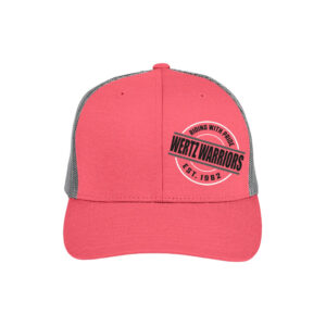 Wertz Warriors Hat — Red Hat- Front- Tilted Circle Design Left Panel