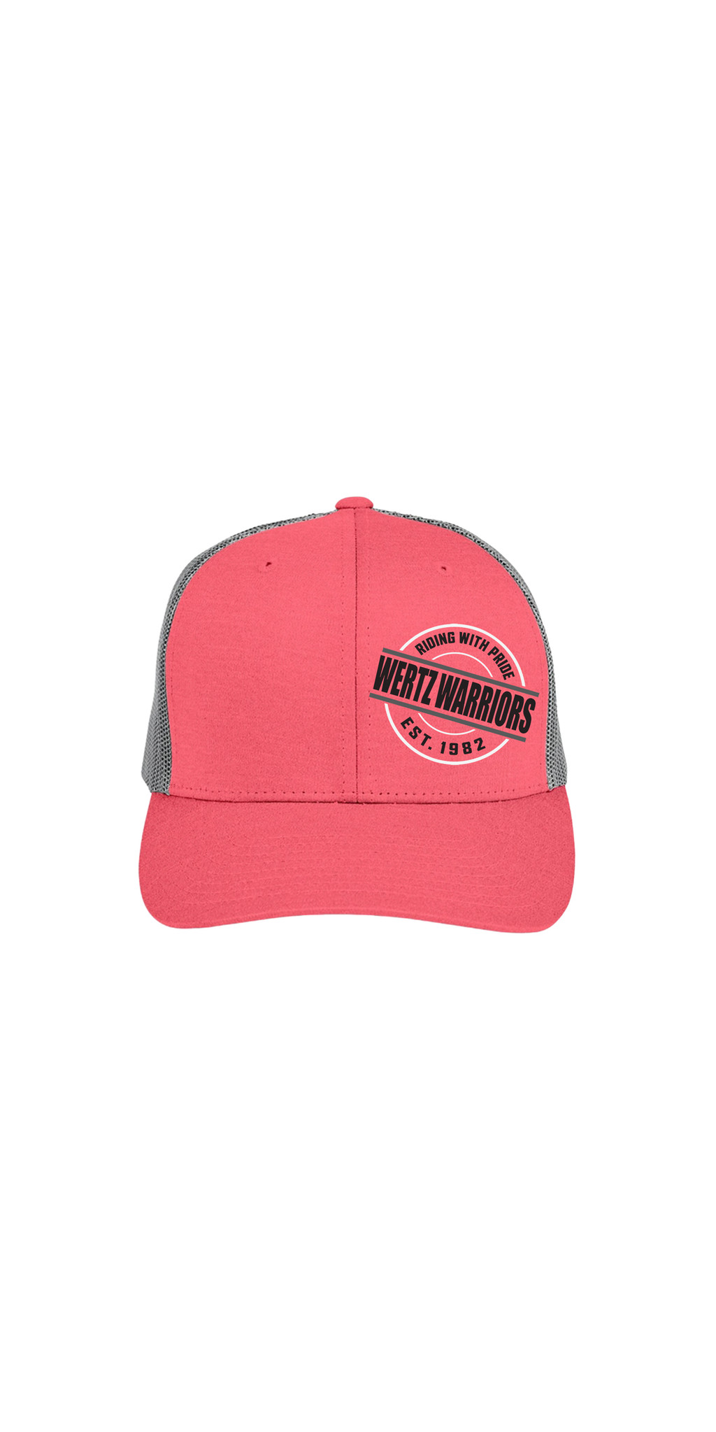 Wertz Warriors Hat — Red Hat- Front- Tilted Circle Design Left Panel